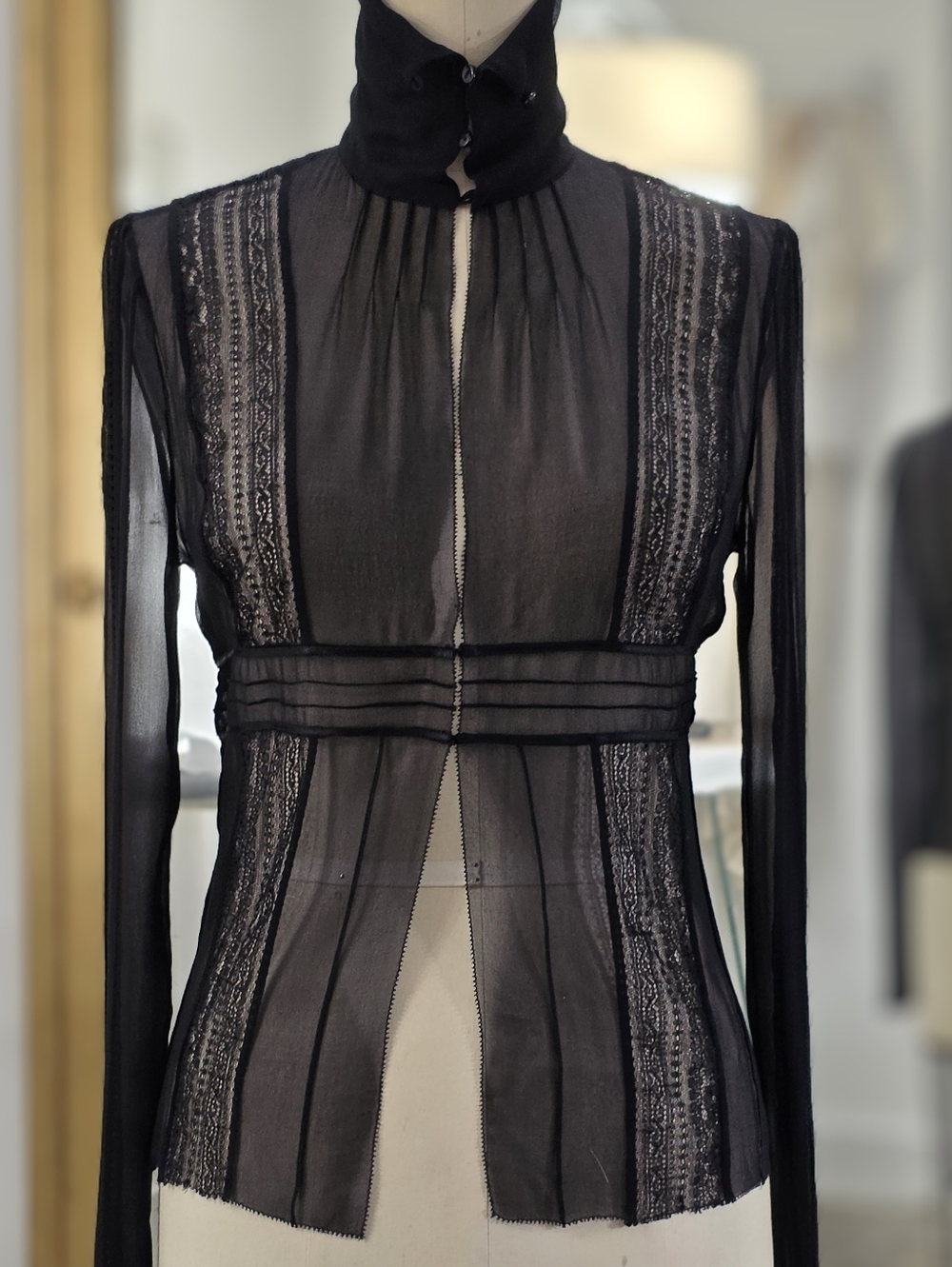Black Sheer Lace-Panel High-Collar Blouse